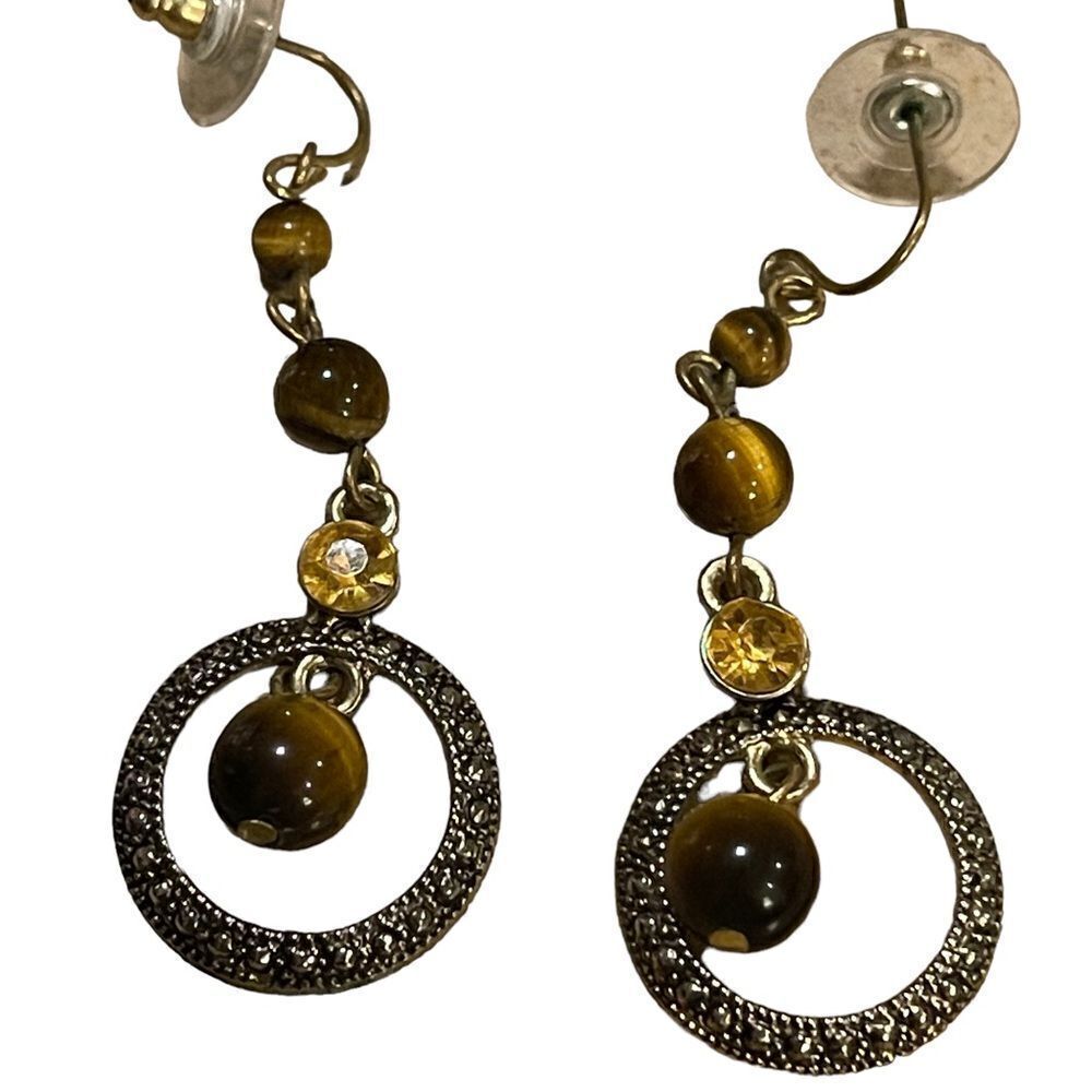 Pre loved tiger eye and marcassite like beads base metal 2” long earrings